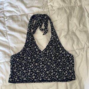 American Eagle Outfitters Navy Blue Floral Halter Crop Top